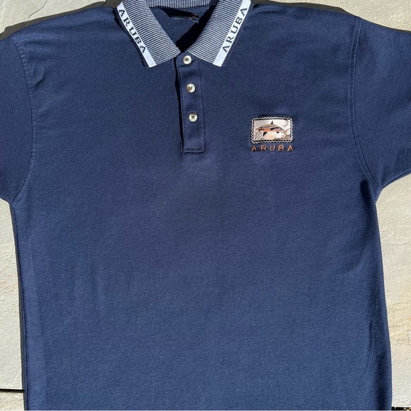 Y2K Aruba Jacquard Collar Shark Emroidered Navy Polo - Picture 4 of 7